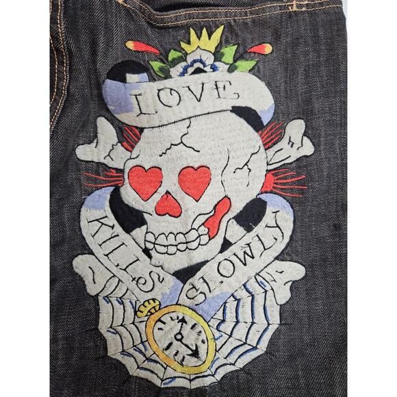 ED Hardy Jeans Men's 34x32 Love Kills Slowly Embroidered Skull Crowns Y2K - Picture 8 of 15